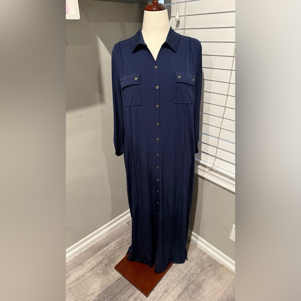 Chicos Navy V Neck Maxi‎ Dress Roll Tab Sleeves Collar Classic Dress